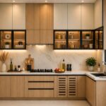 Modern modular kitchen with wooden storage cabinets