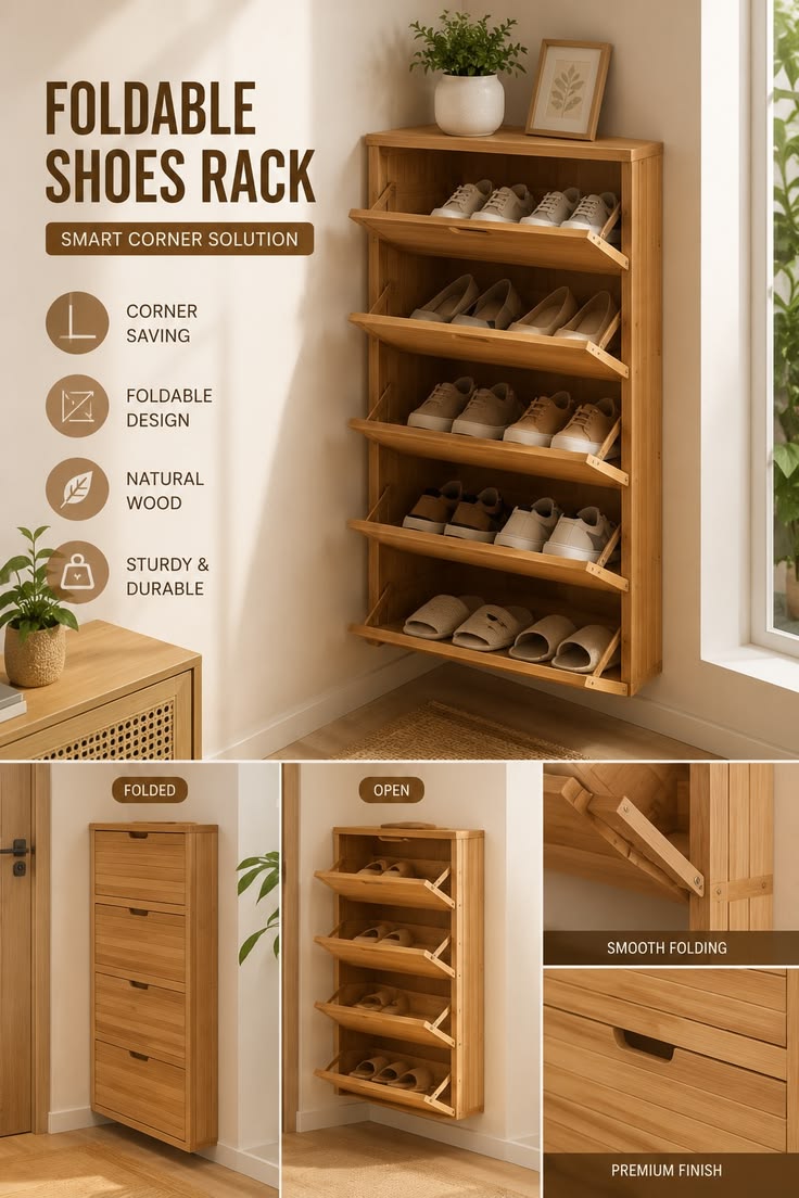 Foldable Wooden Shoe Rack Ideas Space Saving Shoe Storage Organizer Modern Entryway Closet