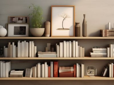 Minimalist wooden bookshelf displaying books and elegant decor